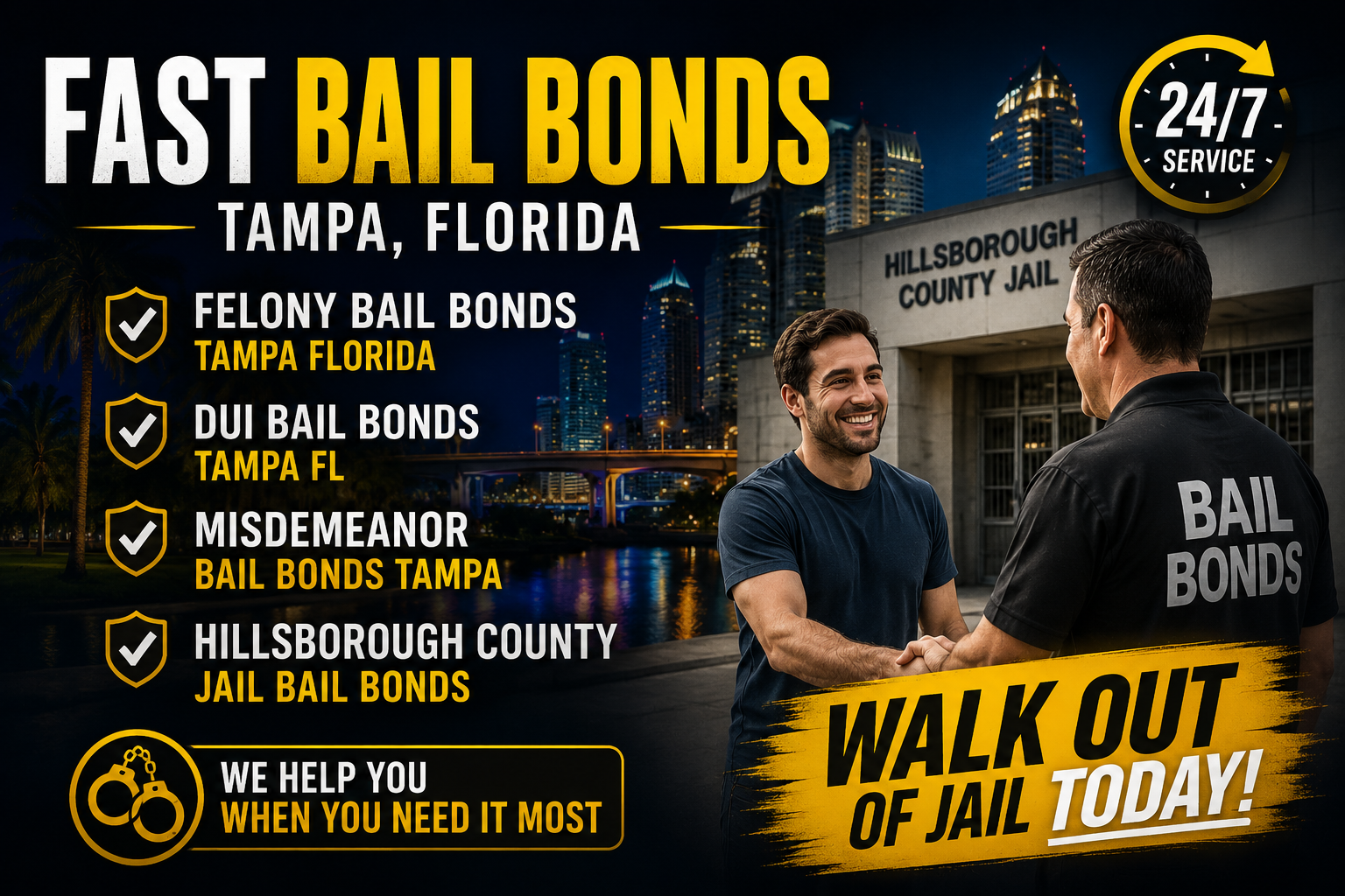 jail release assistance Tampa, walk out of jail today Tampa, fast jail release Tampa Florida, immediate bail help Tampa FL, 24 hour bail bonds Tampa FL, same day bail bonds Tampa, no collateral bail bonds Tampa, emergency bail bond service Tampa, affordable bail bond service Tampa, open 24 hours bail bonds Tampa, felony bail bonds Tampa Florida, DUI bail bonds Tampa FL, misdemeanor bail bonds Tampa, local bail bondsman Tampa Florida, Hillsborough County Jail bail bonds